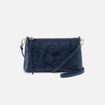 Darcy + Eliza Small Zip Around Crossbody + Card Case In Polished Leather and Polished Damask Deboss - Denim