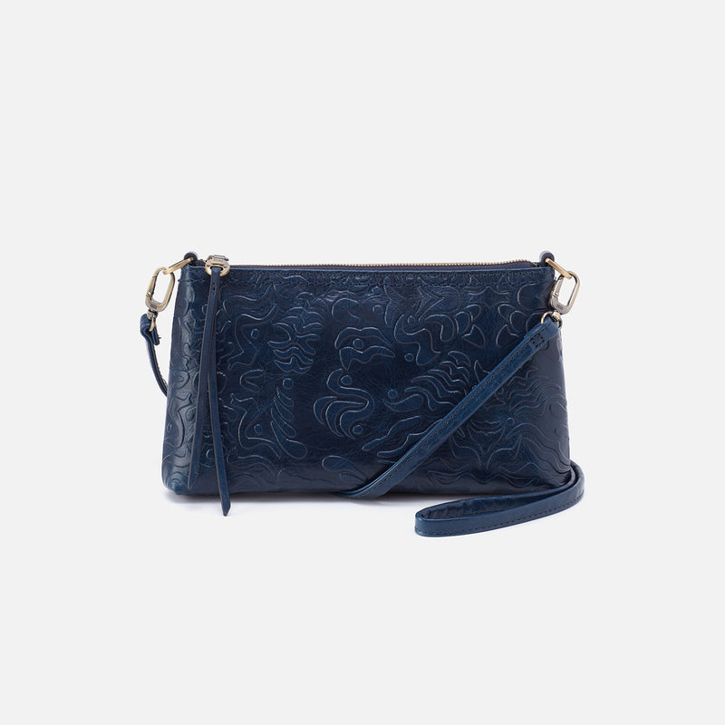 Darcy + Eliza Small Zip Around Crossbody + Card Case In Polished Leather and Polished Damask Deboss - Denim