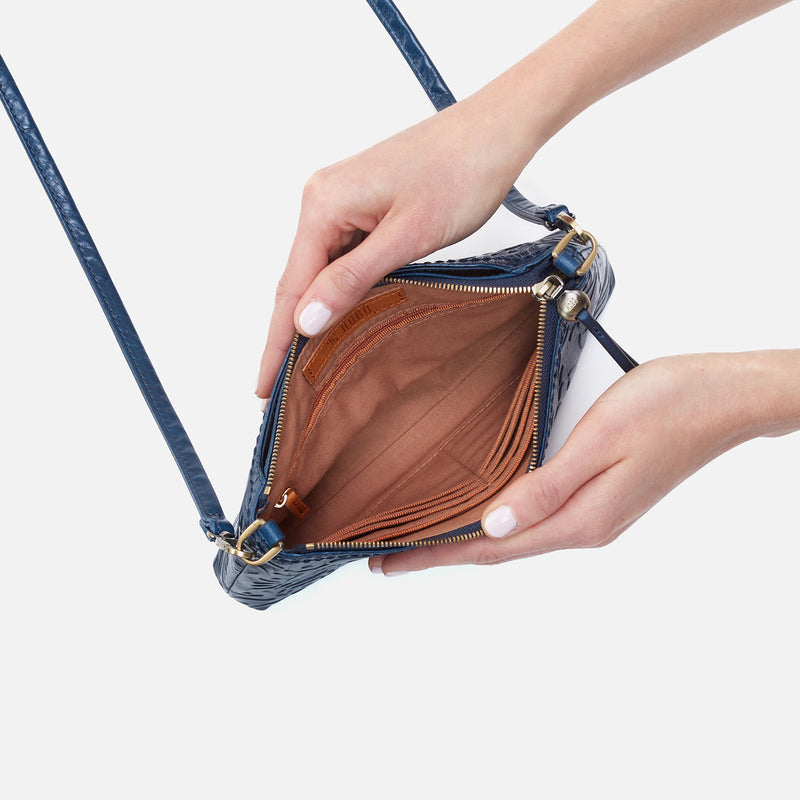 Darcy + Eliza Small Zip Around Crossbody + Card Case In Polished Leather and Polished Damask Deboss - Denim