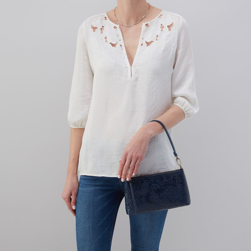 Darcy + Eliza Small Zip Around Crossbody + Card Case In Polished Leather and Polished Damask Deboss - Denim