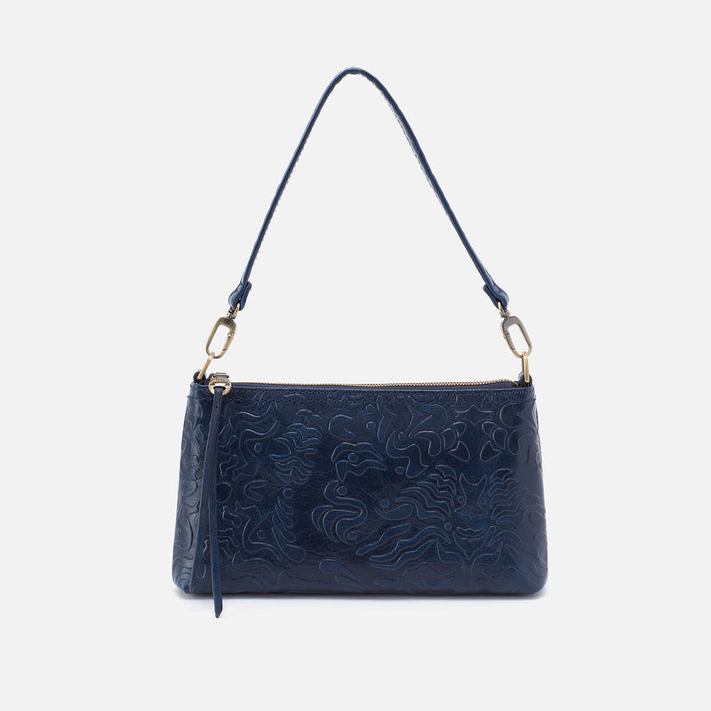 Darcy + Eliza Small Zip Around Crossbody + Card Case In Polished Leather and Polished Damask Deboss - Denim