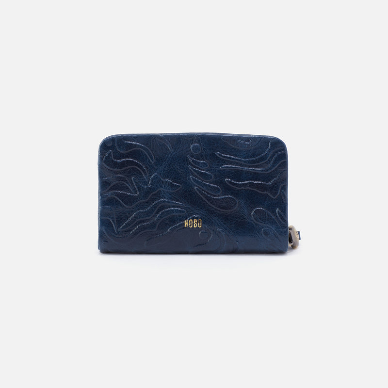 Darcy + Eliza Small Zip Around Crossbody + Card Case In Polished Leather and Polished Damask Deboss - Denim