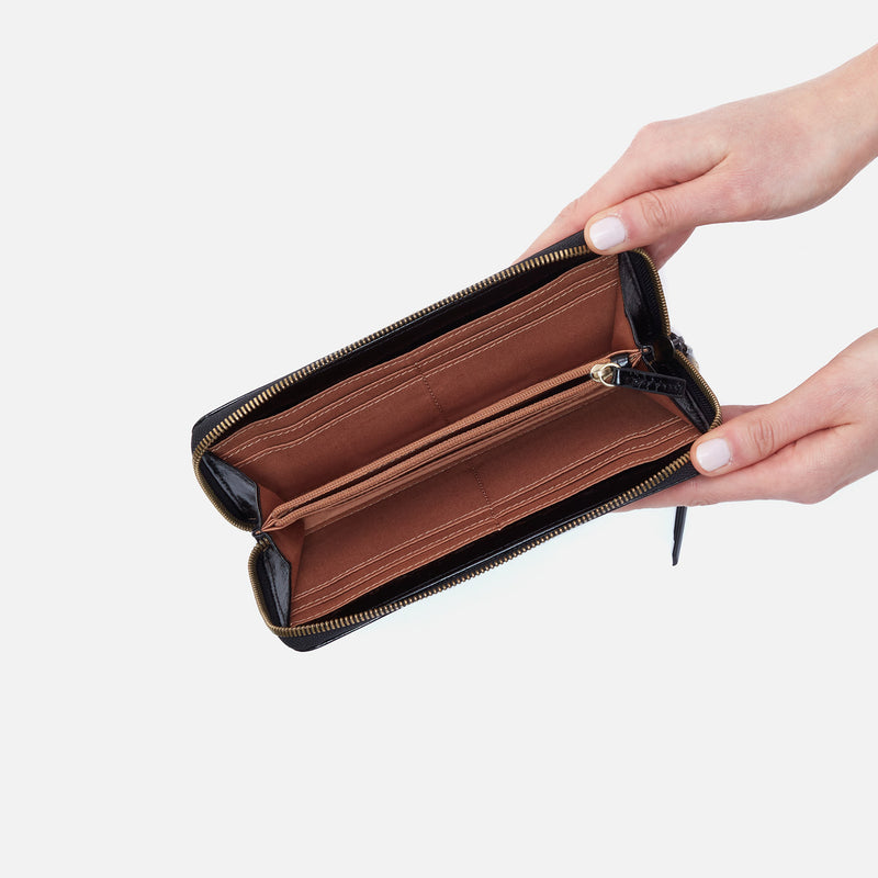 Max Large Zip Around Continental Wallet in Polished Leather - Black