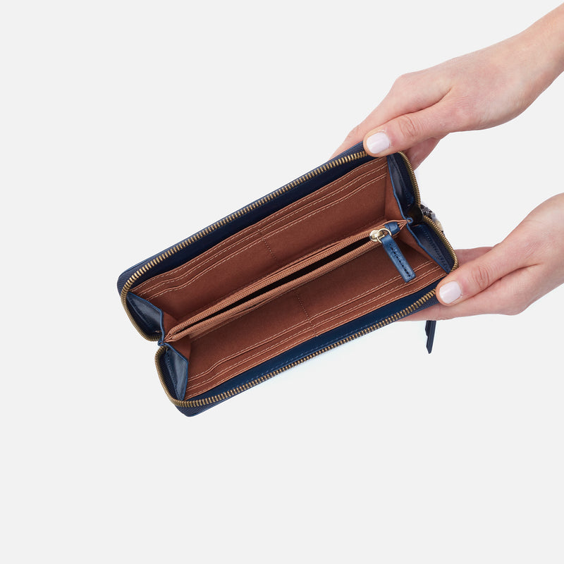 Max Large Zip Around Continental Wallet in Polished Leather - Denim