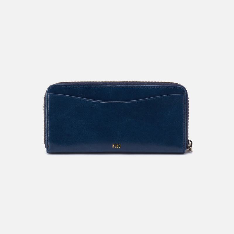 Max Large Zip Around Continental Wallet in Polished Leather - Denim