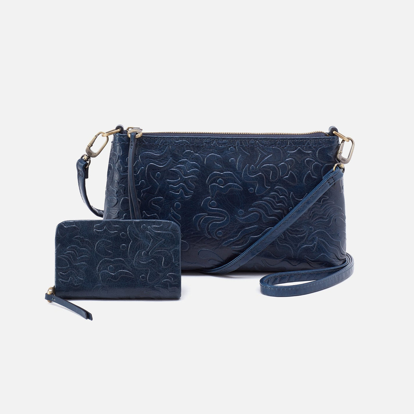 Darcy + Eliza Small Zip Around Crossbody + Card Case In Polished Leather and Polished Damask Deboss - Denim