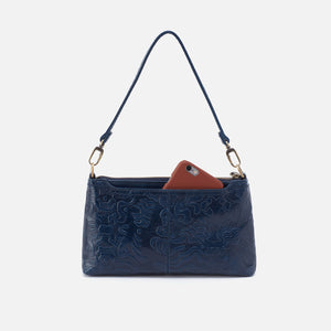 Darcy + Eliza Small Zip Around Crossbody + Card Case In Polished Leather and Polished Damask Deboss - Denim