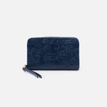 Darcy + Eliza Small Zip Around Crossbody + Card Case In Polished Leather and Polished Damask Deboss - Denim