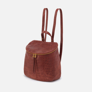 River Backpack in Croco Embossed Leather - Brandy