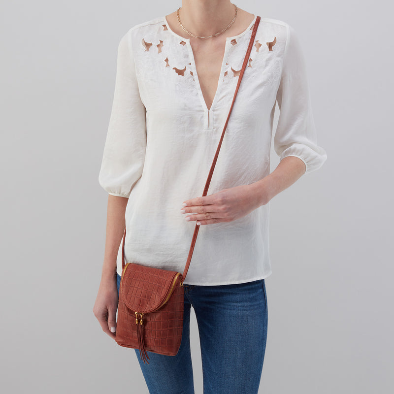 Fern Crossbody in Croco Embossed Leather - Brandy