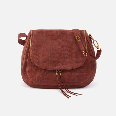 Fern Convertible Shoulder Bag in Croco Embossed Leather - Brandy