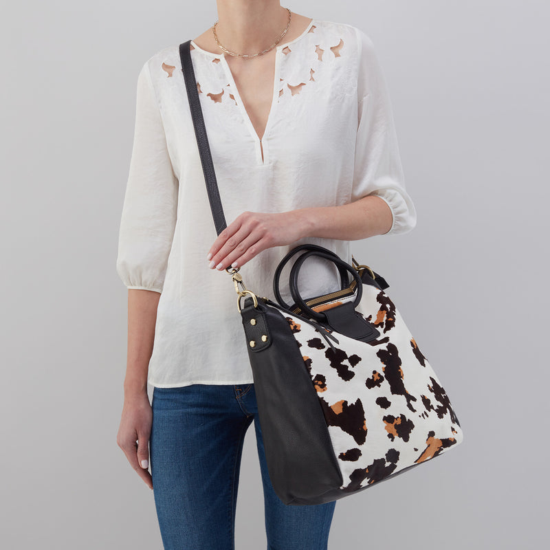 Sheila Large Satchel in Hair-On Leather - Cow Print Black and Brown